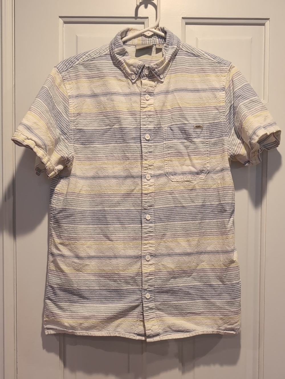 Vans Short-Sleeve Button-Down Shirt in White, Light Blue & Pale Yellow